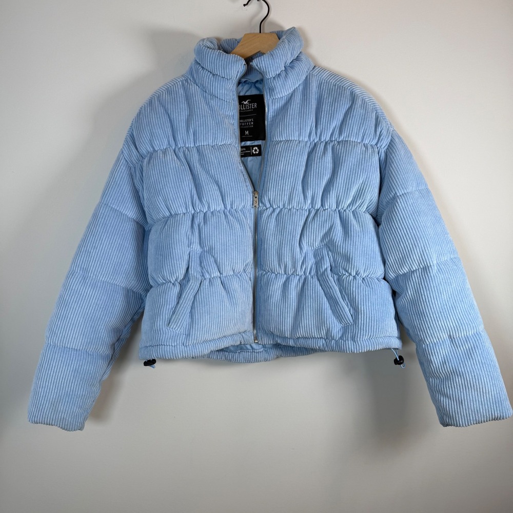 Hollister Ribbed Puffer Jacket Corduroy Light‎ Baby Blue Quilted Full Zip Medium